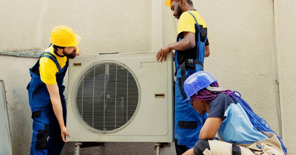 Two men and a woman in hard hats and overalls work together to install an HVAC system on the side of a person's home.