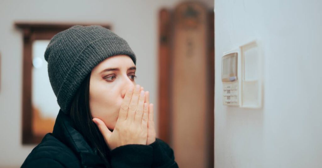 A woman in a black coat and gray hat holds her hands to her mouth as she looks at the open panel of a home thermostat.