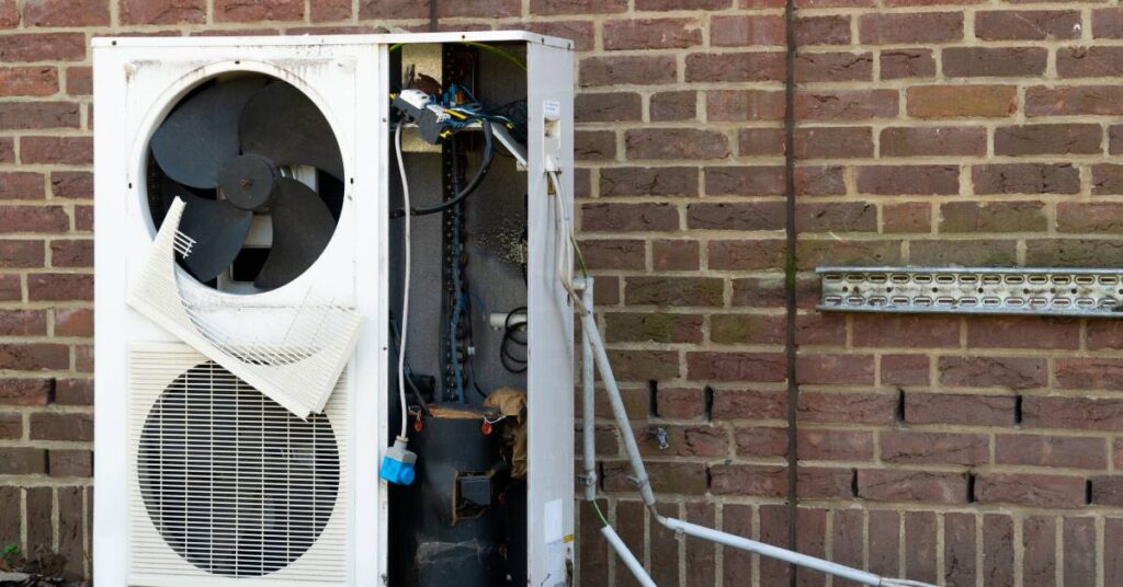 A heat pump outside a building with signs of damage. A panel and one of the fans' vents are missing, revealing the interior.