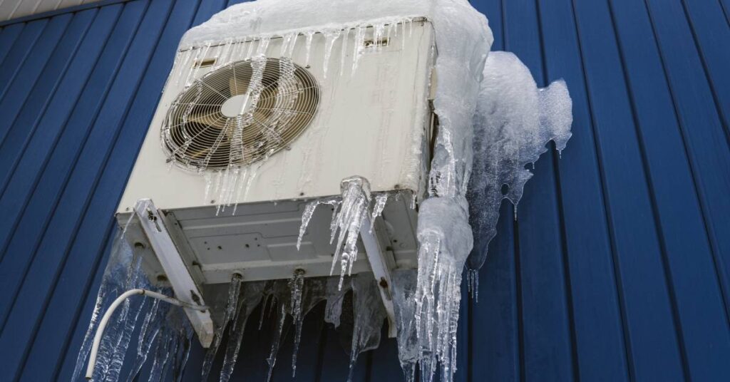 A frozen heat pump attached to a blue wall with frozen snow on top and icicles hanging on its surface and bottom.